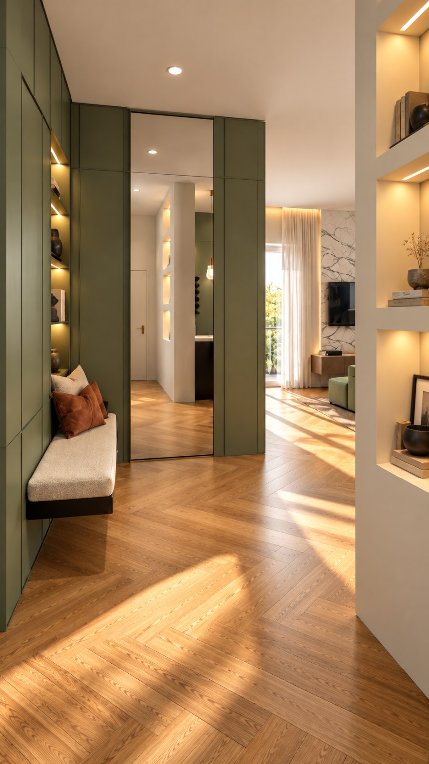 Proposta di restyling di ingresso con contenimento verde oliva, specchio a tutta altezza e panca