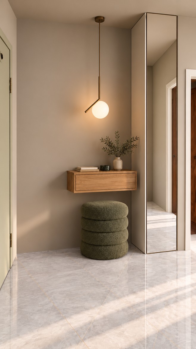 Render dell’ingresso con specchio e contenimento