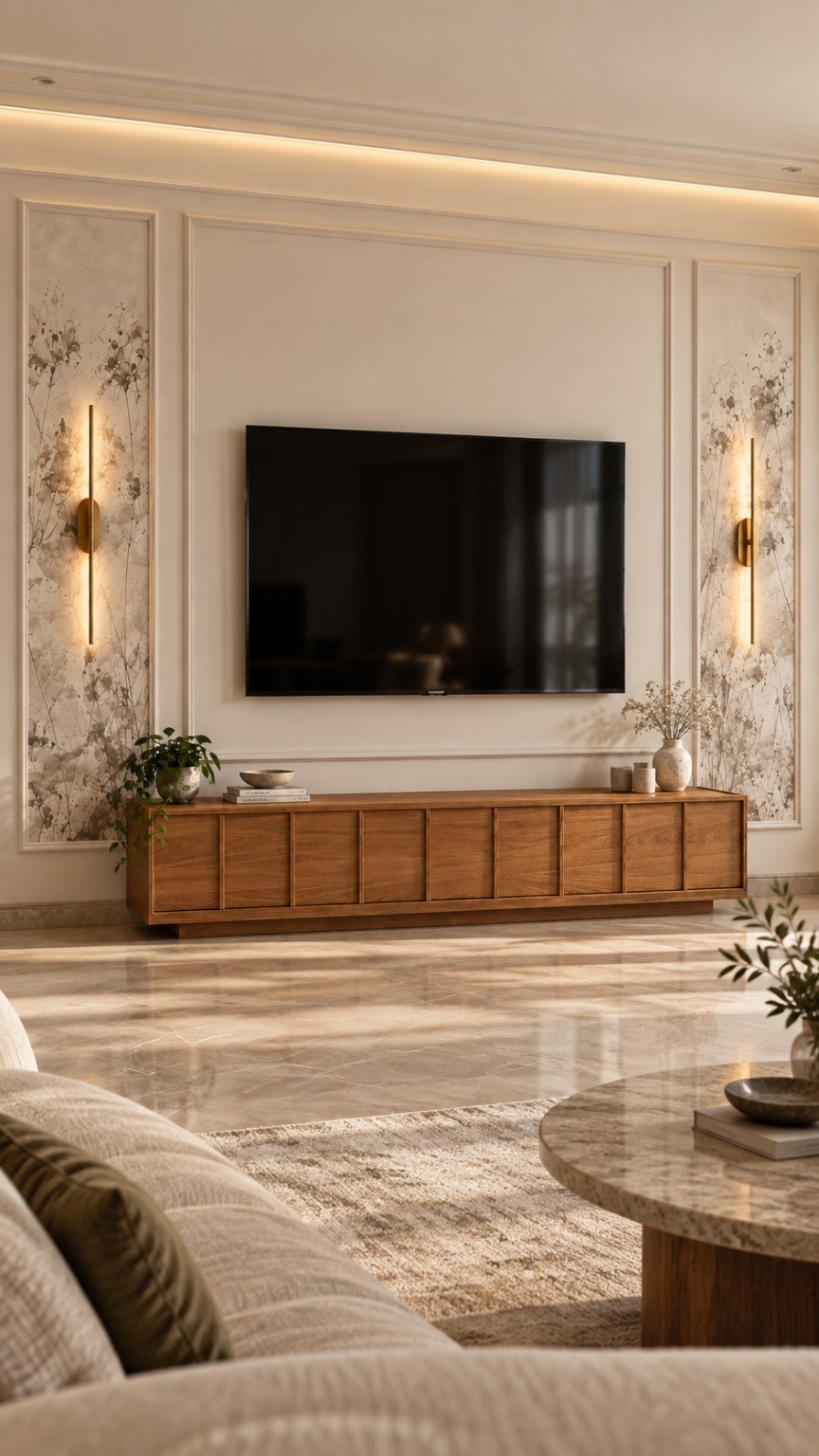 Visualizzazione di parete TV con cornici, carta decorativa, mobile in legno e pavimento in marmo