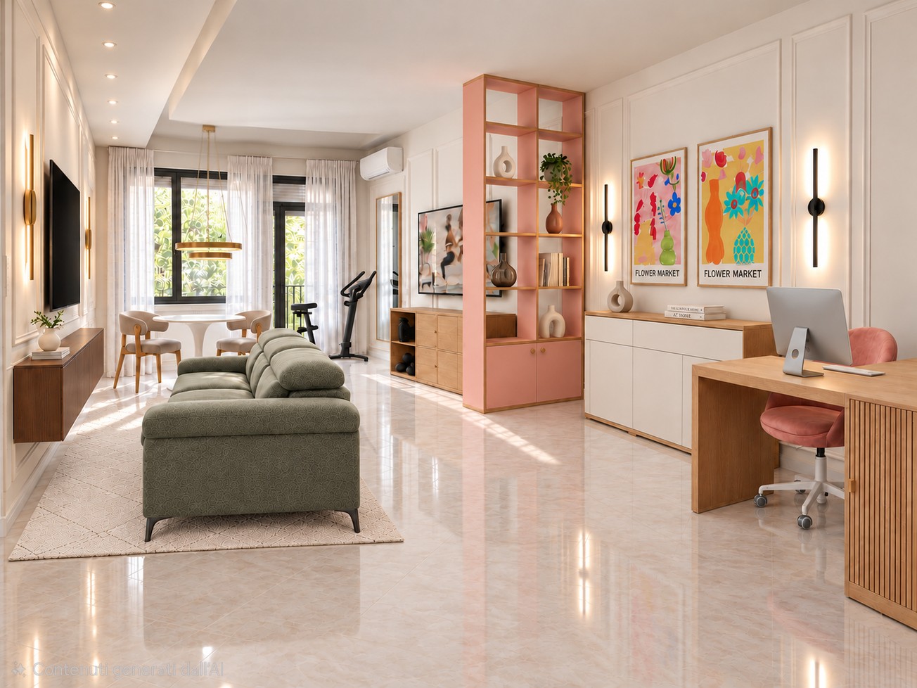 Render del soggiorno riprogettato, con percorsi e funzioni distinte